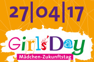 Das Datum 27. April 2017 auf orangem Hintergrund, darunter der bunte Schriftzug Girl’s day – Mädchen Zukunftstag.