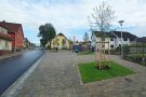 Eine Straße mit frischer dunkler Asphaltdecke führt leicht bergauf. An den Seiten sind junge Bäume gepflanzt.