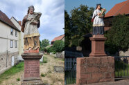 Vorher und nachher im direkten Vergleich: Verblasst und teilweise abgesplittert war die Farbschicht der auf das Jahr 1616 datierten St.-Nepomuk-Statue in Dorfprozelten. Jetzt strahlt der Heilige im wahren Sinn des Wortes wieder auf seinem Buntsandsteinsockel. Auf diesen ist vermerkt: „Am 25. Juni 1662 wurde diese Brücke durch ein Gewitter zerstört, dieses Bild eine Strecke fortgeflöst u. durch eine milde Hand renoviert 1864.“