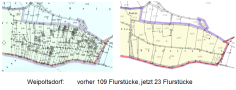 Kartenausschnitt, Flurlage Weipoltsdorf: Gegenüberstellung alt 109 Flurstücke/neu 29