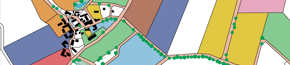 Thematische Karte mit neu geordnetem Grundbesitz in Dorf und Flur