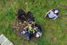 Zwei Personen aus der Luft zu sehen. Sie setzen gerade einen Streuobstbaum in die Erde.